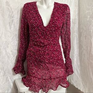 Fletch Feminine Fuchsia Pink Printed Paint Flowy Viscose V-Neck Summer Dress